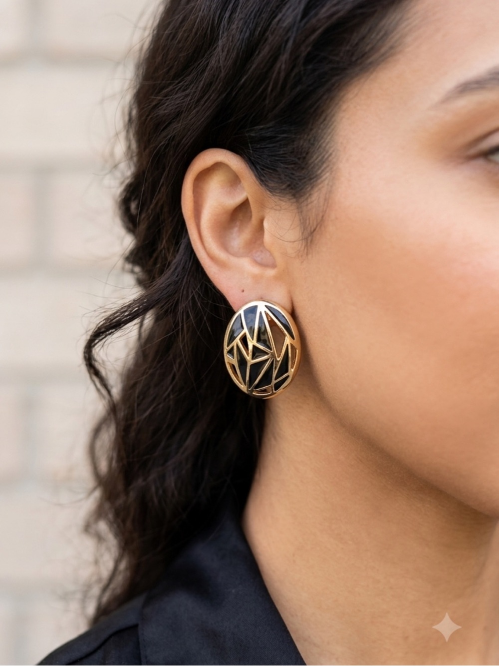Vintage Myka Gold-Tone & Black Enamel Geometric Earrings